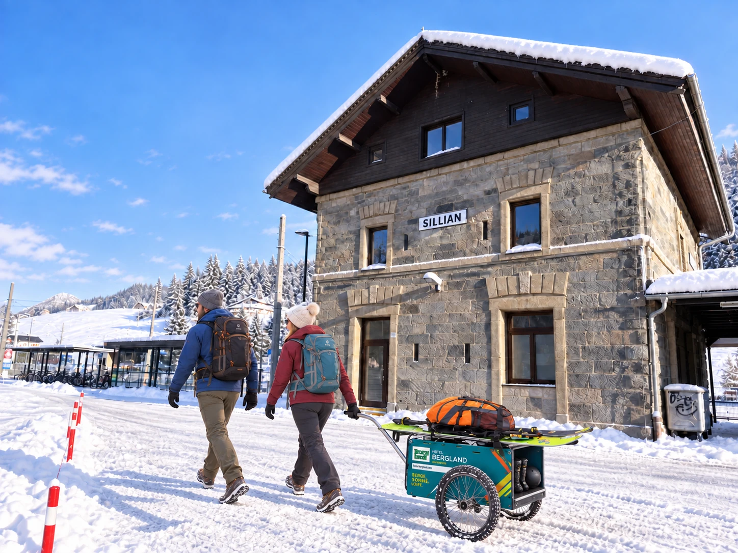 KI-Konzept: Zwei Gäste mit beladenem Bergland-Bollerwagen am Bahnhof Sillian.