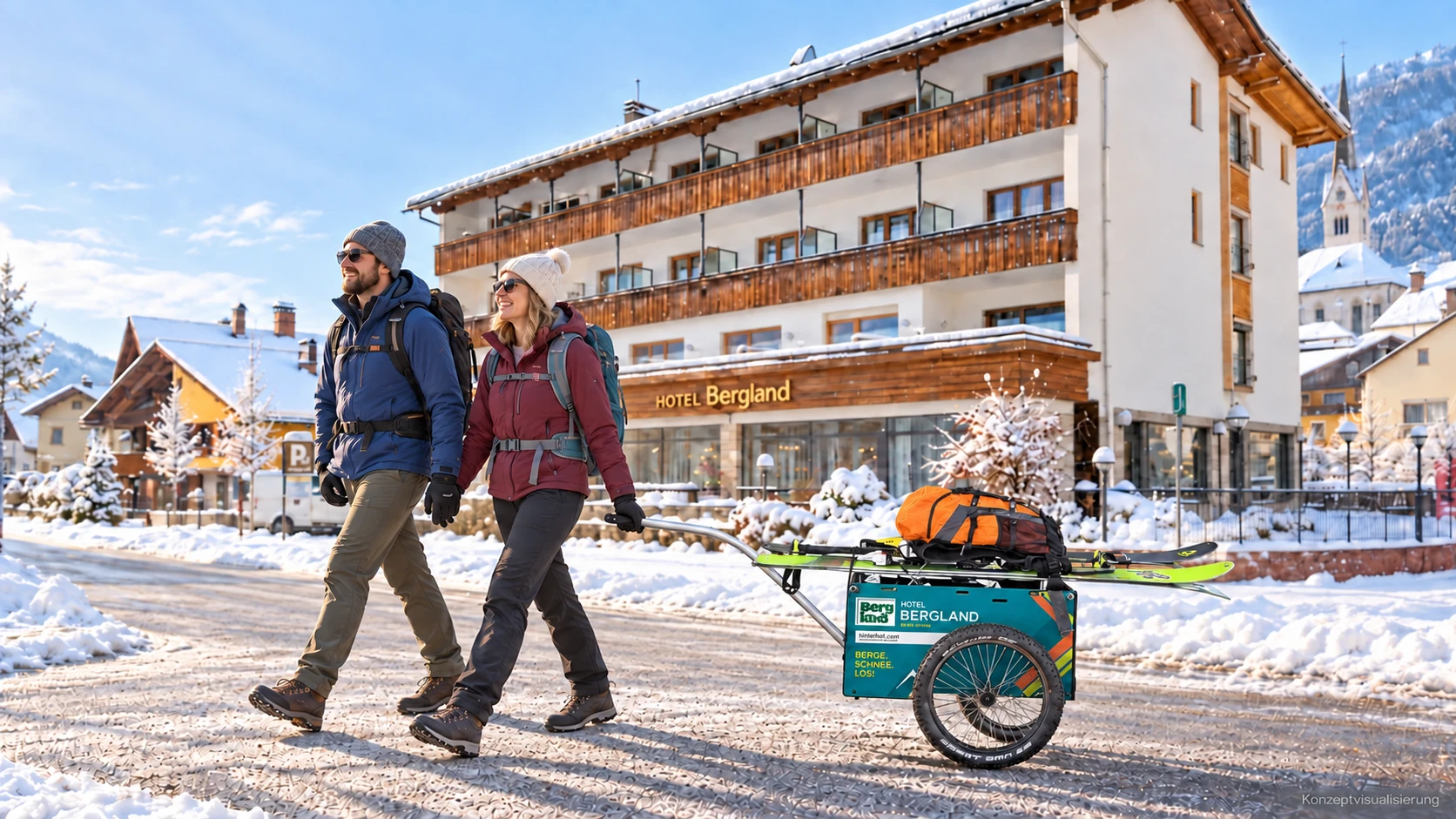 KI-Illustration: Zwei Gäste ziehen den Bergland-Bollerwagen mit Ski vor dem Hotel.