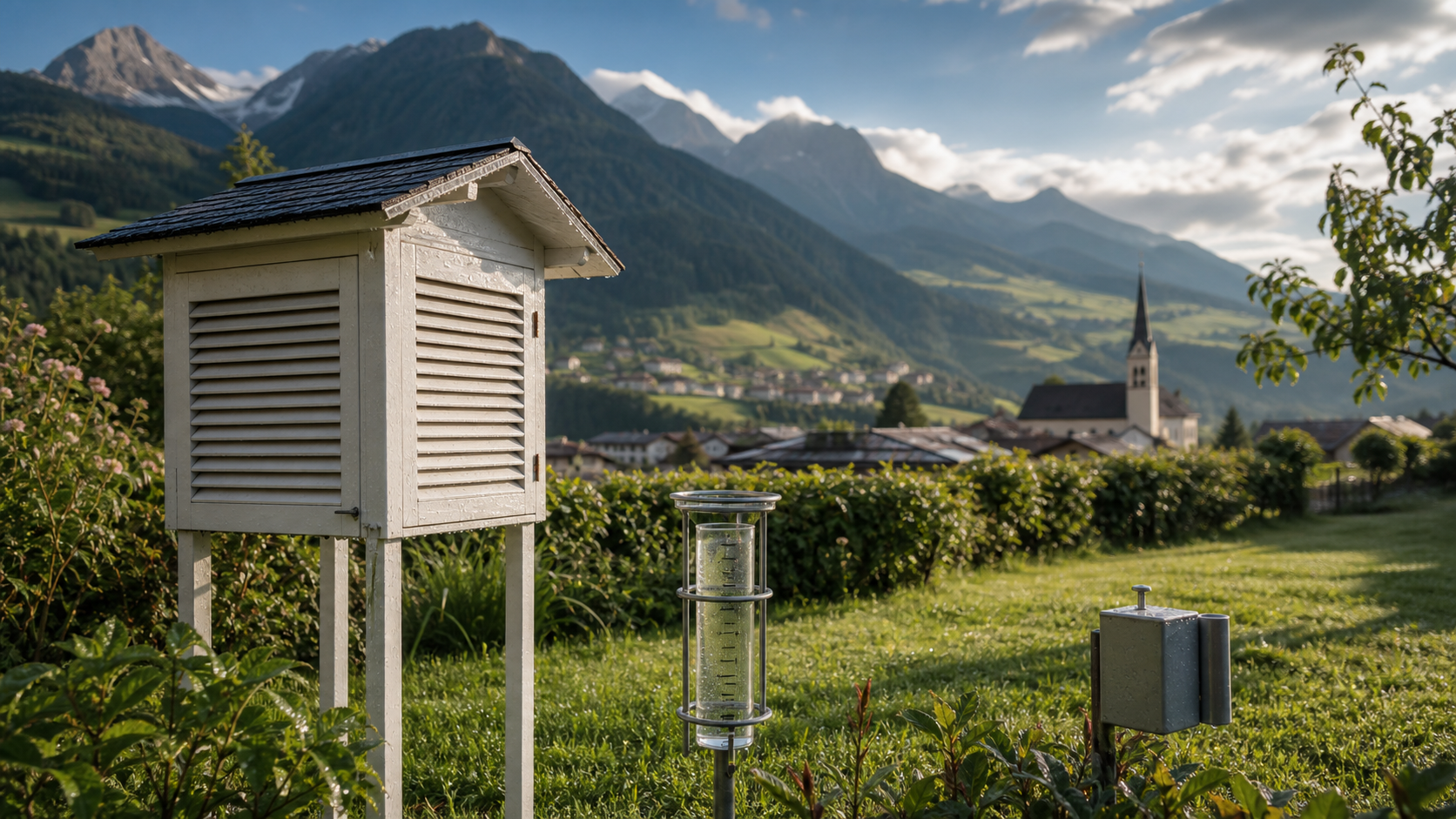 KI-Bild einer Wetterstation in Sillian mit Regenmesser, Wetterhütte und Hochpustertal