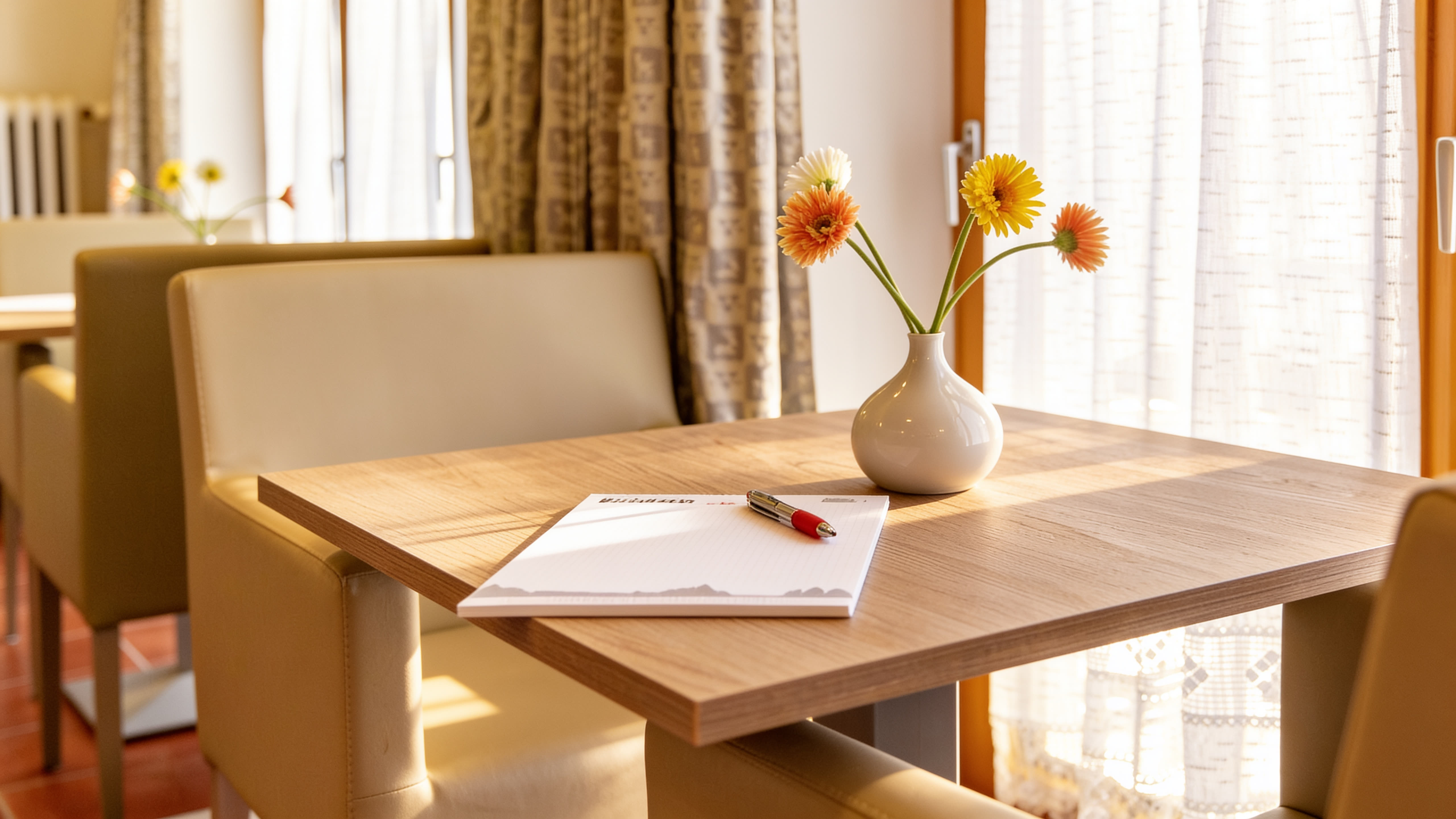 Tisch am Fenster mit Blumen und Notizblock