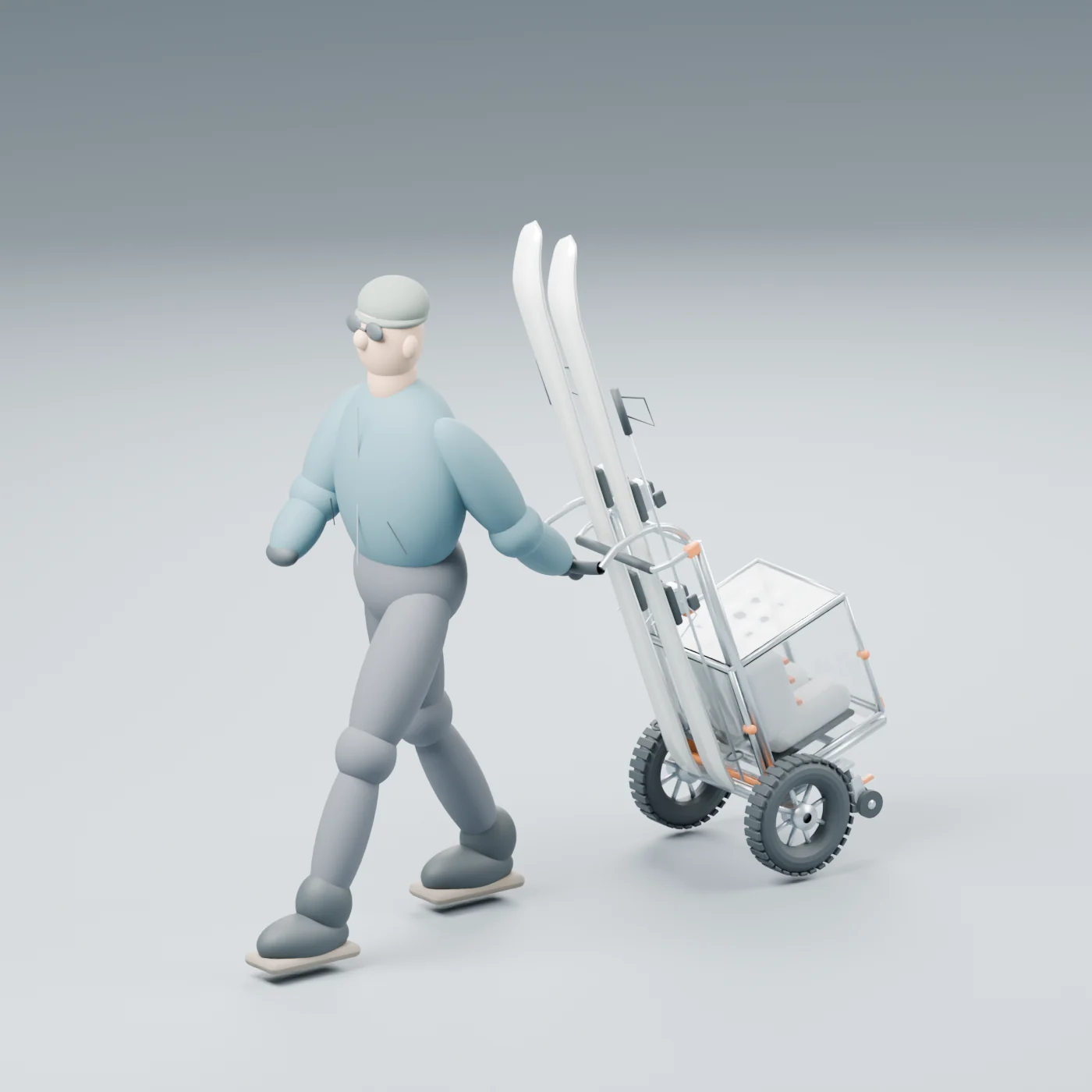 Frühere computererstellte Konzeptdarstellung: Eine illustrative Person zieht den Ski-Trolley.