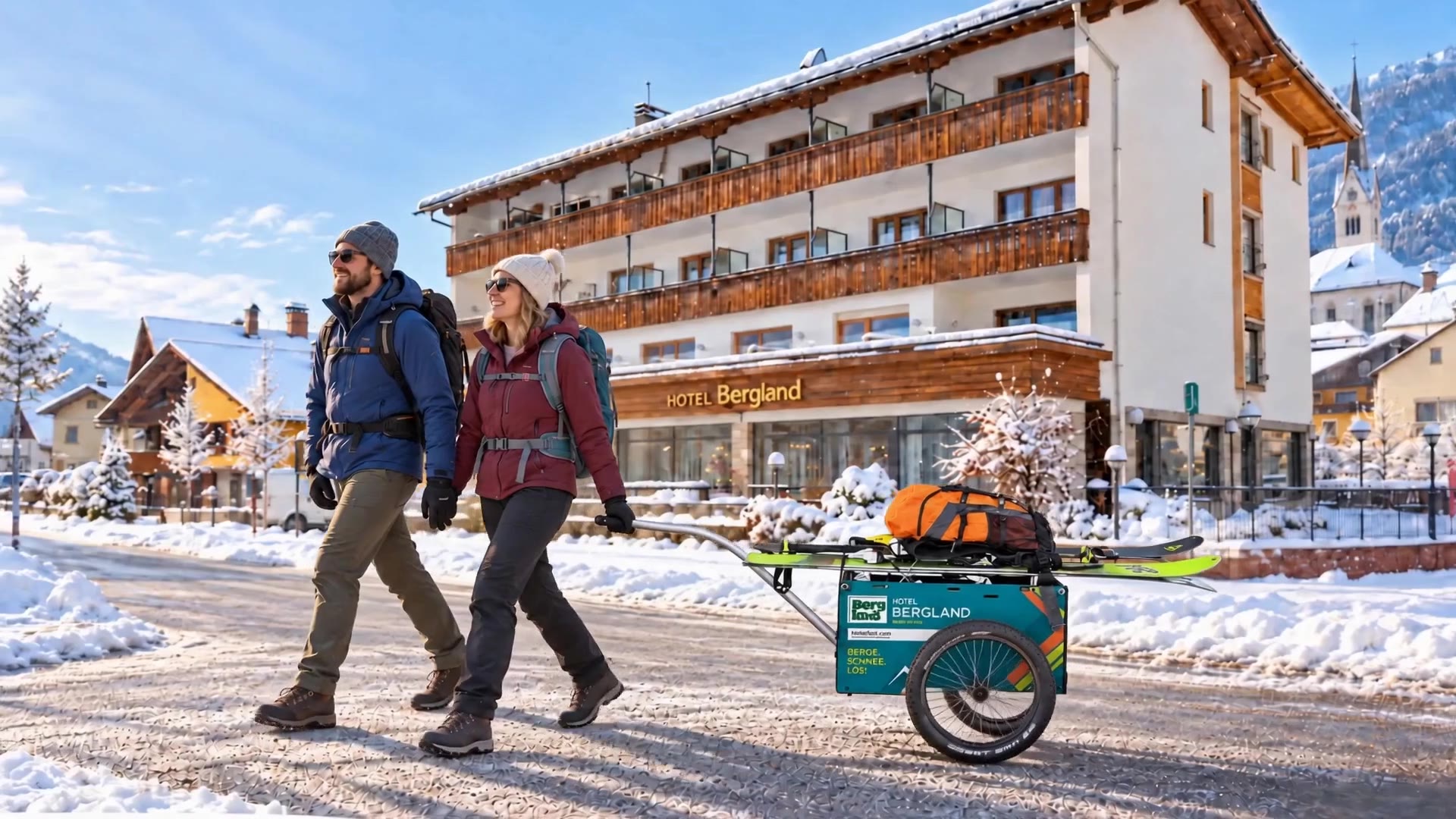 KI-Konzeptdarstellung: Zwei Gäste ziehen den Skiwagen vor dem Hotel Bergland.